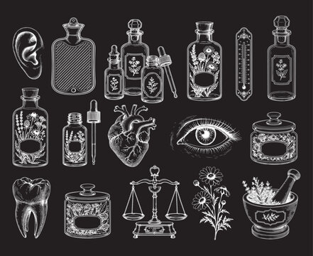  Vector sketch illustration set health, medicine, and pharmaceuticals on a black background