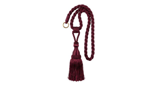Burgundy curtain tassel tieback with braided rope, elegant maroon drapery holdback, luxury textile accessory for home decor isolated PNG with Transparent Background