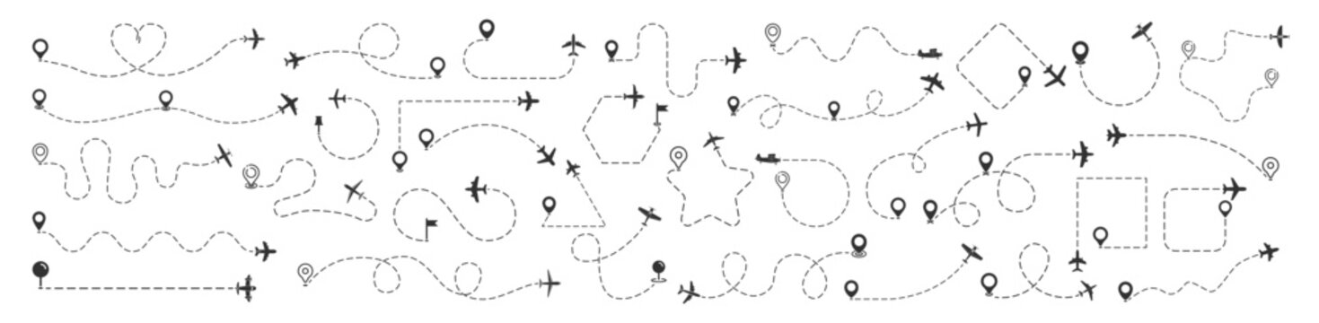 Travel route icon set with airplanes, location pins and dashed paths on transparent background