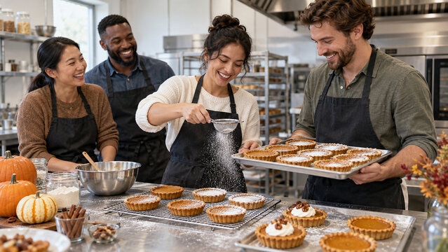 Coworkers participating in autumn baking team building workshop in culinary kitchen