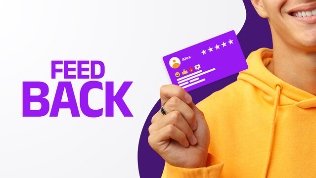 User provides feedback with a digital card featuring ratings and comments in a bright setting