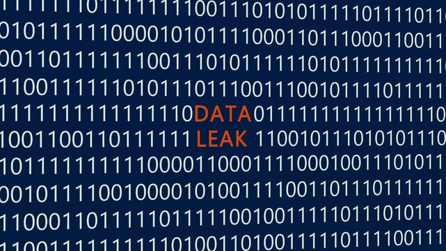 Data leak text or word with digital binary animation background, designed for an illustrative digital world technology concept representing security breaches, compromised information