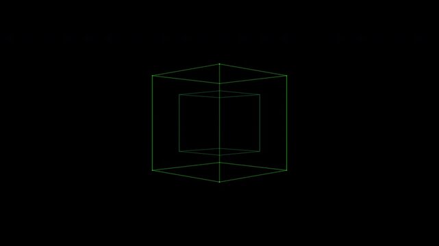 Minimalist 3D neon green wireframe cube rotating dynamically with precise vector lines and futuristic cyberpunk geometry on a transparent alpha background.