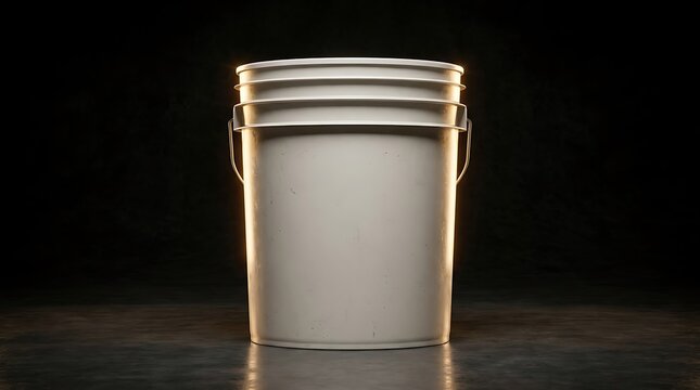 A single empty white plastic bucket sitting on a dark surface with dramatic rim lighting highlighting the shape of the container for industrial or household cleaning and storage concepts. 5 gallon buc