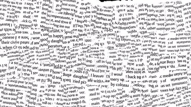 Abstract background featuring torn newspaper fragments with text on black.