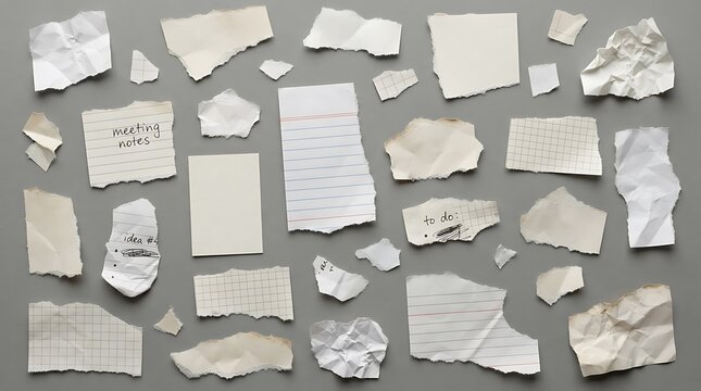 Scattered torn paper pieces and notes on a gray background brainstorming and discarded ideas