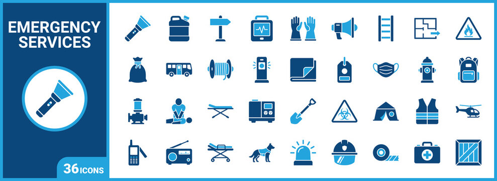 Emergency Services And Disaster Relief two-tone icon set. Filled glyph pictograms of rescue, safety, assistance, and medical elements, blue duotone illustration.