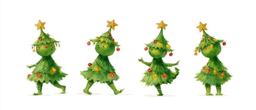 Cute watercolor illustration of Christmas Tree Sprites (Dryads) with tiny glowing ornaments and a single star on their heads, four different poses in a horizontal row, character sheet, isolated on a