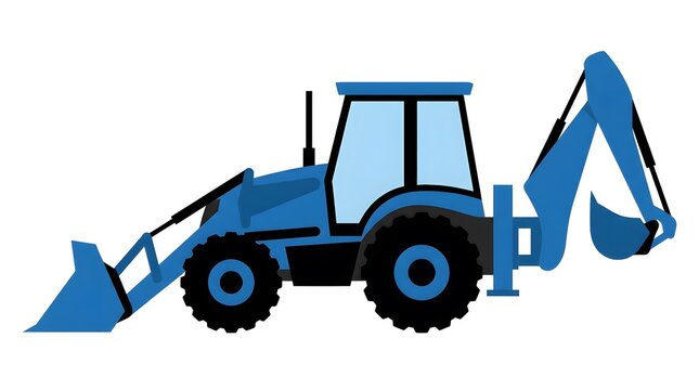 Blue backhoe loader with front bucket and hydraulic excavator arm