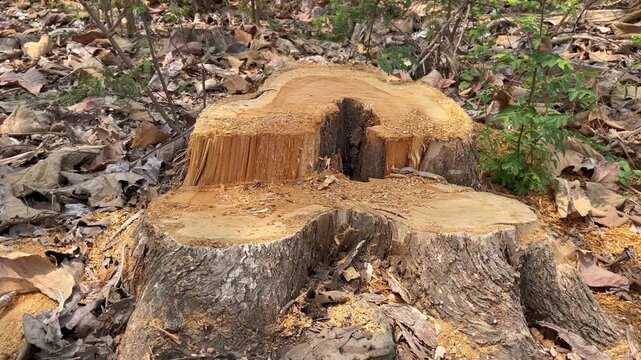 Side view of freshly cut tree stump with bark texture