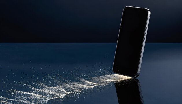 Smartphone 3D photo standing on a reflective surface with glowing dust particles and dark background