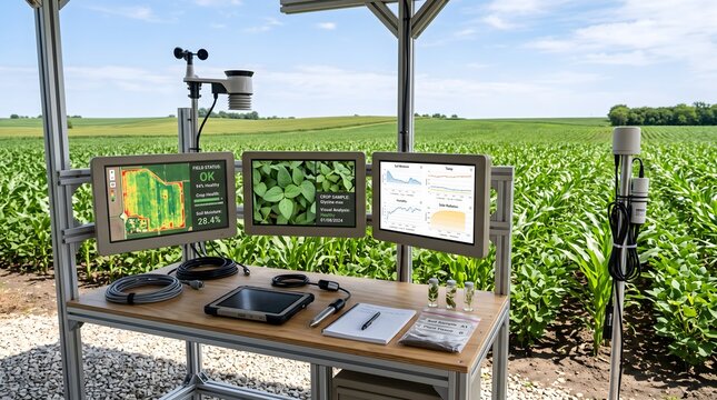 Modern agricultural monitoring station with screens and weather sensors in a corn field
