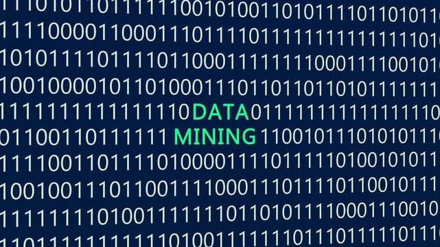 Data mining text or word with digital binary animation background, designed for illustrative digital world technology concept representing big data analytics, information extraction, pattern discovery