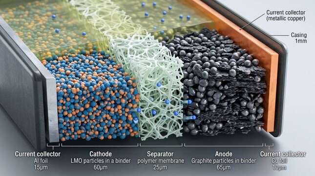 Detailed cross section diagram of lithium ion battery cell showing cathode anode separator and current collectors with labels for science education technology