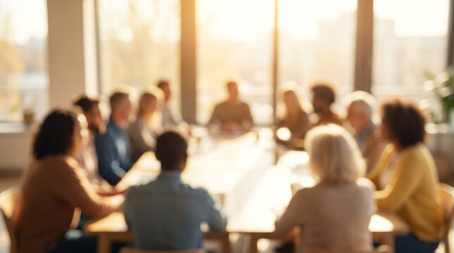 Defocused diverse group of educators of varied ages meeting in a bright classroom, warm bokeh, inclusive education background