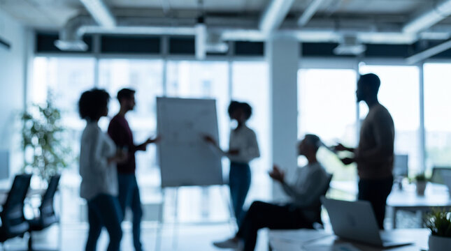 Defocused diverse technology team of mixed ages and backgrounds collaborating in a modern office, cool toned bokeh background