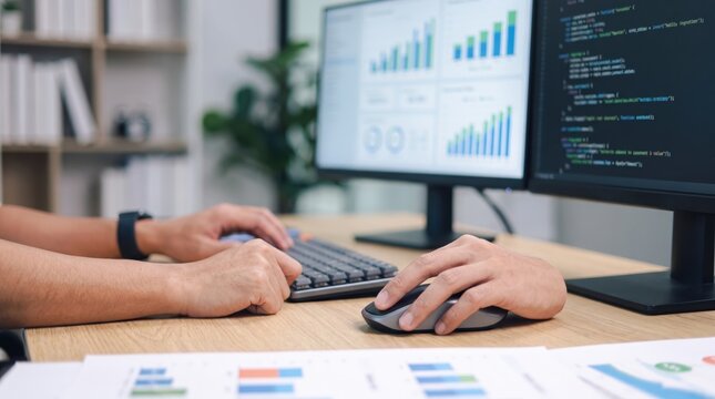 Data analyst working on dual monitors displaying code and financial charts, representing software development, business intelligence, stock market analysis and programming workspace