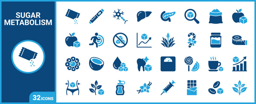 Sugar Intake Metabolism and Glucose Health Duotone Icon Set