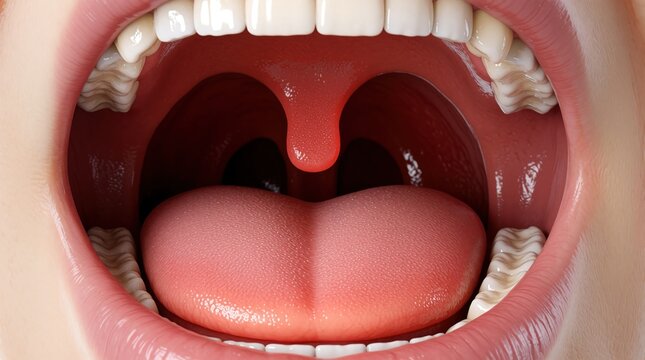 Close-up view inside human mouth showing tongue and red swollen tonsils, open jaw revealing teeth and uvula. Illustration of throat infection or illness symptom.