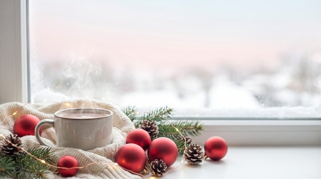 Festive windowsill with hot cocoa mug, red baubles and pinecones by snowy window