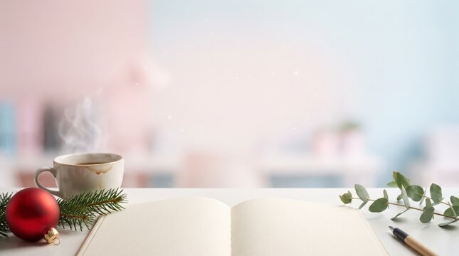 Serene Christmas tabletop with coffee cup, blank journal and red ornament indoors