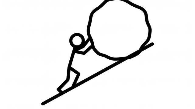 Black and white clean 2D stick figure pushing a heavy boulder up a steep hill incline, solid black lines, isolated on a solid white background, minimalist vector style, high resolution