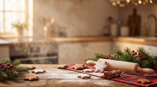 Rustic kitchen counter with star cookies, rolling pin and cinnamon sticks decor