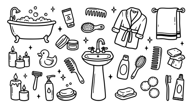Collection of bathroom and personal hygiene items in a hand drawn style