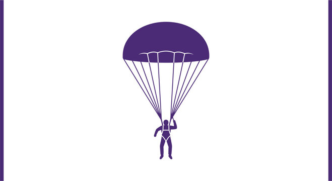 Purple silhouette of a parachutist with open canopy against a white background
