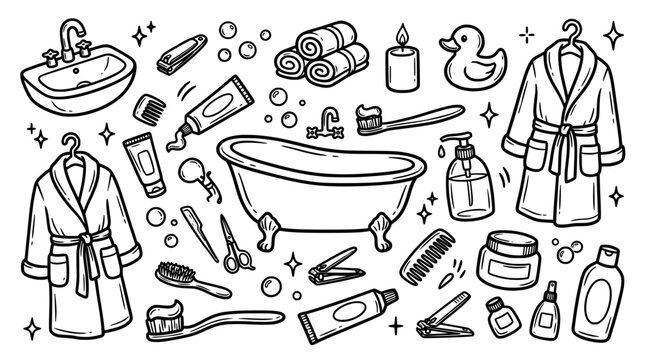 Collection of bathroom and personal hygiene items in a cute doodle style