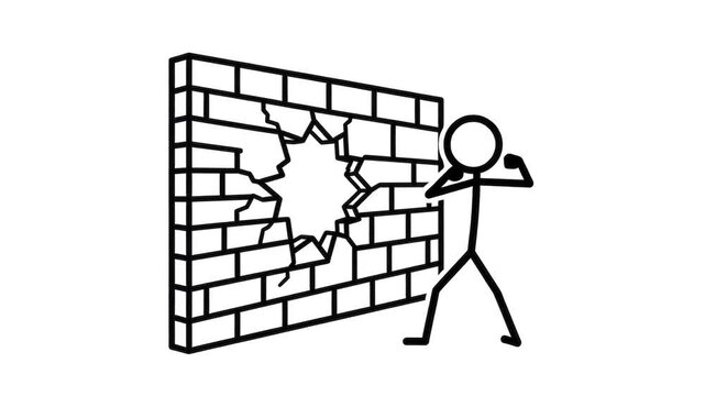 Animated Black and White Stick Figure Breaking Brick Wall Breakthrough Concept