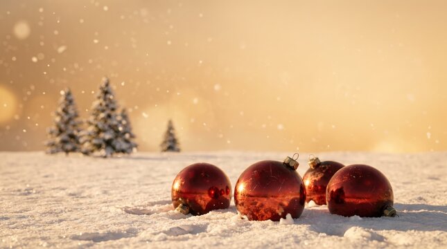 Vintage red baubles resting in snow at golden hour with pine forest backdrop