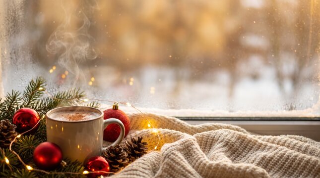 Cozy mug of cinnamon drink with red ornaments and fairy lights on frosted window