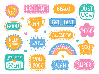 Obraz premium Positive doodle stickers. Cute motivational decal, funny text, colorful hand drawn labels, reward badges, brief messages, feedback and motivation and communication classy vector set