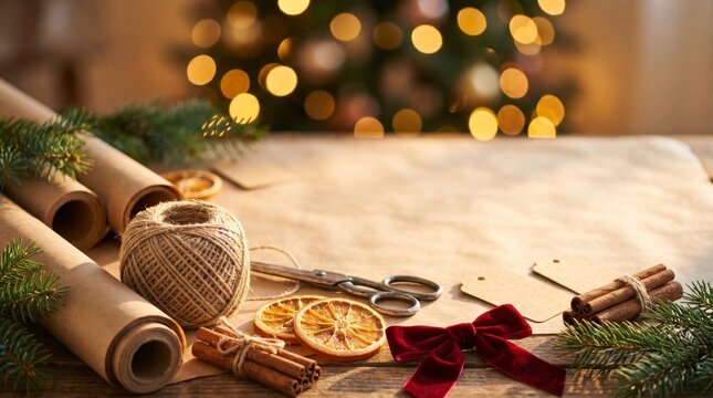 Warm gift wrapping flat lay with twine, cinnamon bundle and red velvet bow