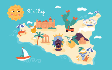 Fototapeta premium Colorful sicily travel map. Mediterranean food, beaches, citrus, scooter, volcano, seafood and cultural elements, tourism elements and regional identity garish vector cartoon flat concept