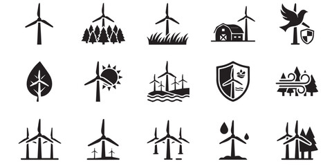 Fototapeta premium Black and white vector icon collection featuring wind turbines, wind farms, renewable energy, clean power, sustainable technology, environmental protection, and wind energy applications.