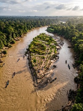Aerial View of canoes on a muddy Amazonian river