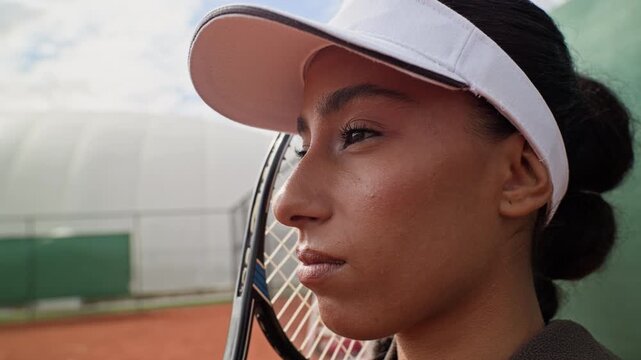 Young adult Biracial female tennis player holding racket, mentally focusing on outdoor court. Footage suitable for sports psychology ads, athletic training promos and mental health campaigns