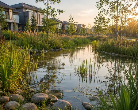 Modern houses by a natural pond at sunset