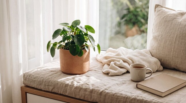Cozy window seat with potted pilea plant, coffee mug, notebook and soft blanket in warm natural light for calm home interior lifestyle decor