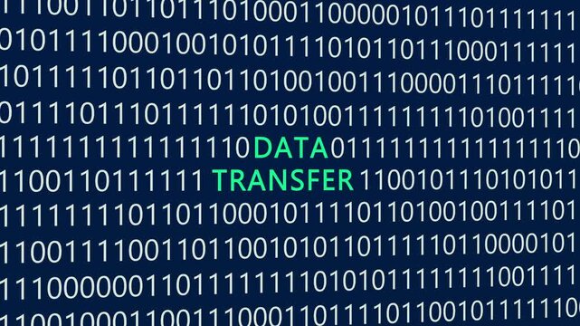 Data transfer text or word with digital binary animation background, designed for illustrative digital world technology concept representing file sharing, network bandwidth, secure data transmission