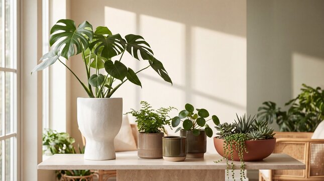 Indoor plant collection with monstera, succulents and pilea in decorative pots on a console table, illuminated by warm natural sunlight in a modern home