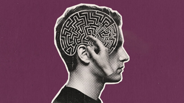 Man profile silhouette with intricate brain maze collage art style against a dark purple textured background