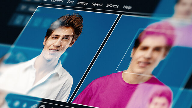 Deep fake technology shows two images of a person with varying expressions and colors in a computer interface