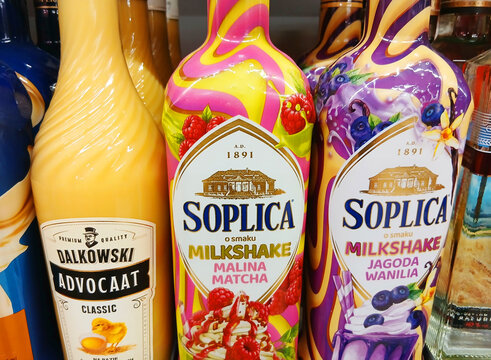 Tulce, Poland - 20 July 2026: Polish alcohol bottles displayed on a supermarket shelf.