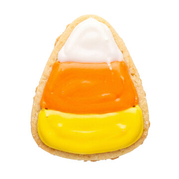 Candy Corn Sugar Cookie Decorated with Orange and Yellow Royal Icing for Halloween Isolated on White Background