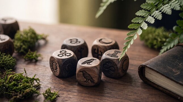 Handcrafted wooden divination dice with engraved symbols, surrounded by moss, fern leaves, and an old leather book on a rustic wooden table in warm natural light