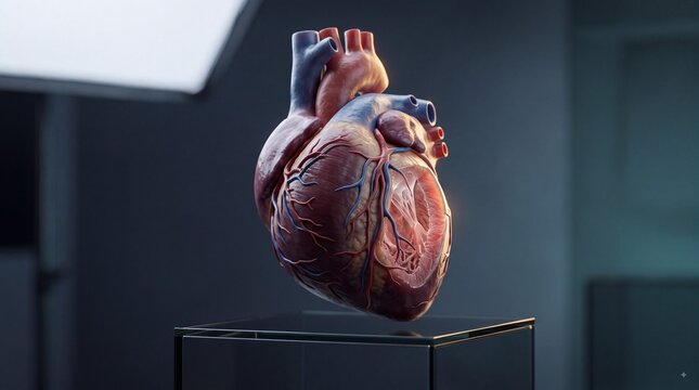 Detailed anatomical human heart model floating above a pedestal, showcasing cardiac anatomy, blood vessels, chambers, and cardiovascular science in a dark setting