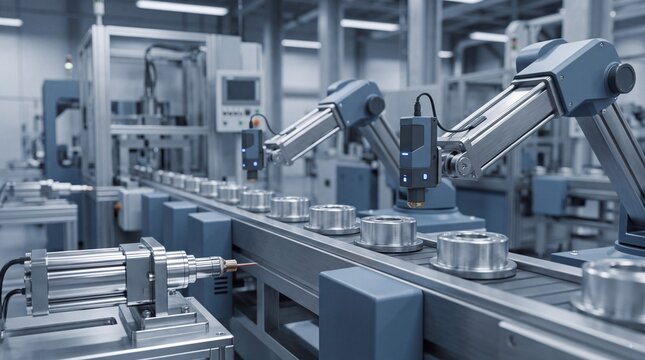Automated industrial robotic arms positioned over metal components on a conveyor line in a modern manufacturing facility with precision machinery in automated production